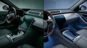 Zwei elegante Fahrzeuginnenräume mit Lederausstattung und modernen Displays