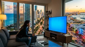 Frau sitzt in modernem Apartment mit Stadtblick