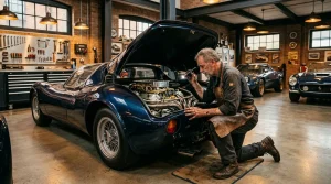 Älterer Mechaniker repariert Motor eines blauen Vintage-Sportwagens