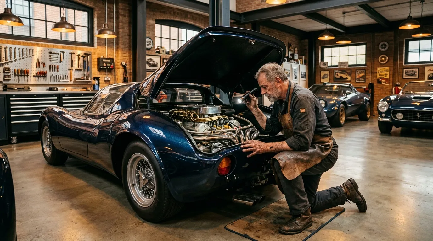 Älterer Mechaniker repariert Motor eines blauen Vintage-Sportwagens