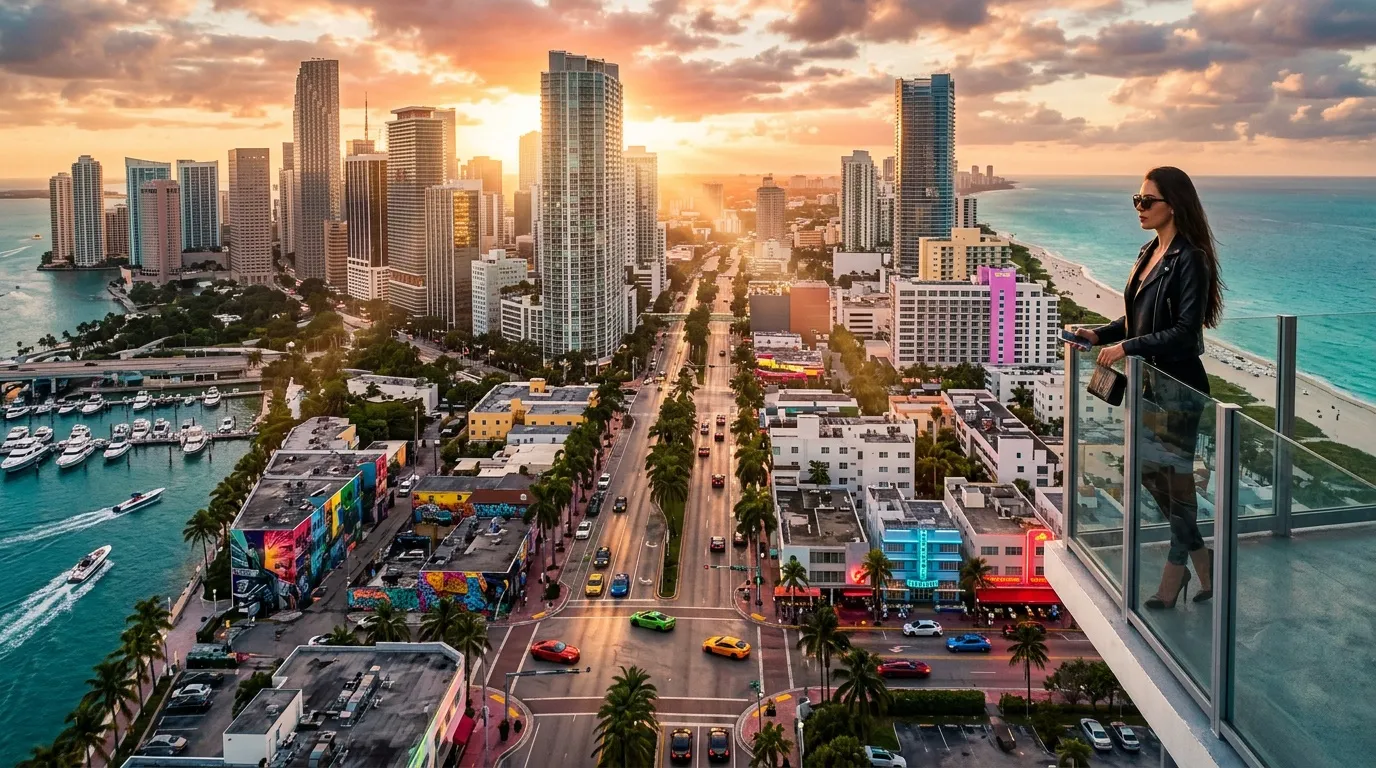 Frau auf Balkon blickt auf Miami Skyline mit Strand