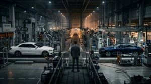 Mann beobachtet Autoproduktion mit Robotern in Fabrik