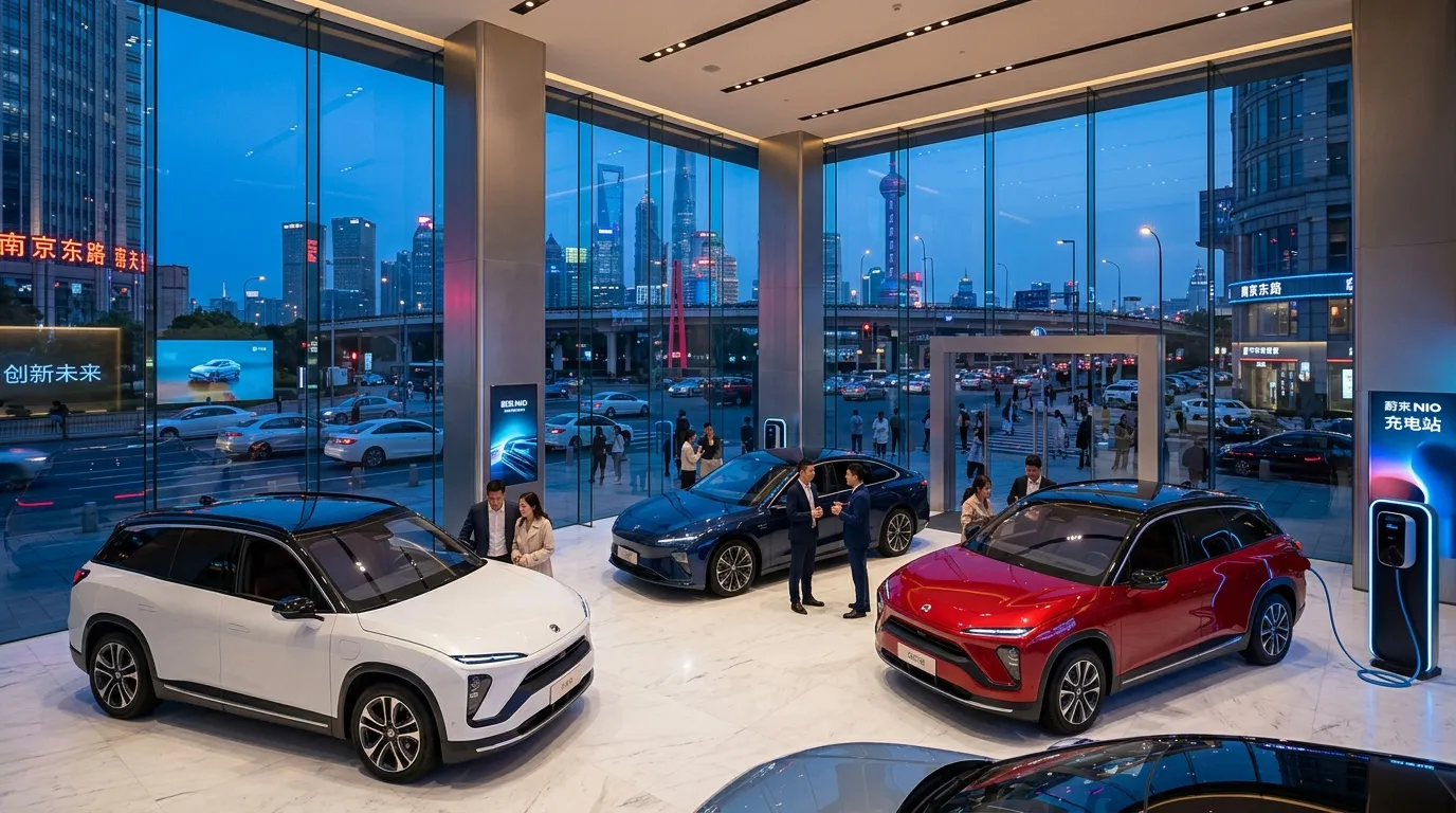 Luxus-Elektrofahrzeuge in futuristischem Showroom mit Stadtblick