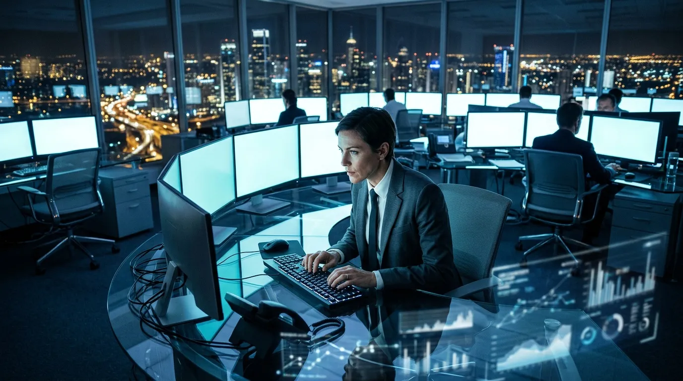 Geschäftsmann arbeitet nachts in High-Tech-Handelszentrum mit Stadtblick