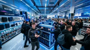 Großer Gaming-Store mit Nexus-Produkten und vielen Besuchern