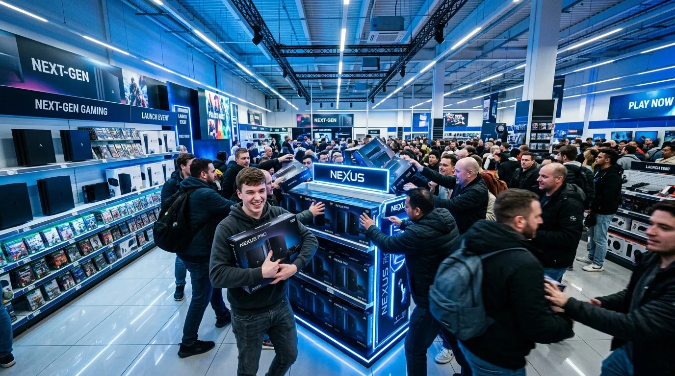 Großer Gaming-Store mit Nexus-Produkten und vielen Besuchern
