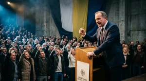 Mann spricht am Rednerpult vor Menschenmenge und Flagge