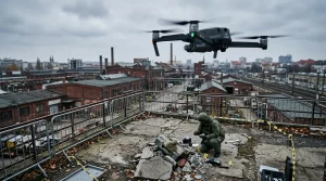 Polizeidienstgrad untersucht Dachstelle mit UAV-Drohne