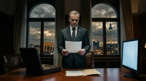 Geschäftsmann im Anzug liest Papier im Büro mit Stadtblick