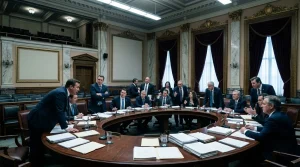 Regierungsbeamte sitzen an großem Konferenztisch während Sitzung