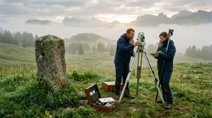 Zwei Vermesser führen Feldmessungen in Berglandschaft durch