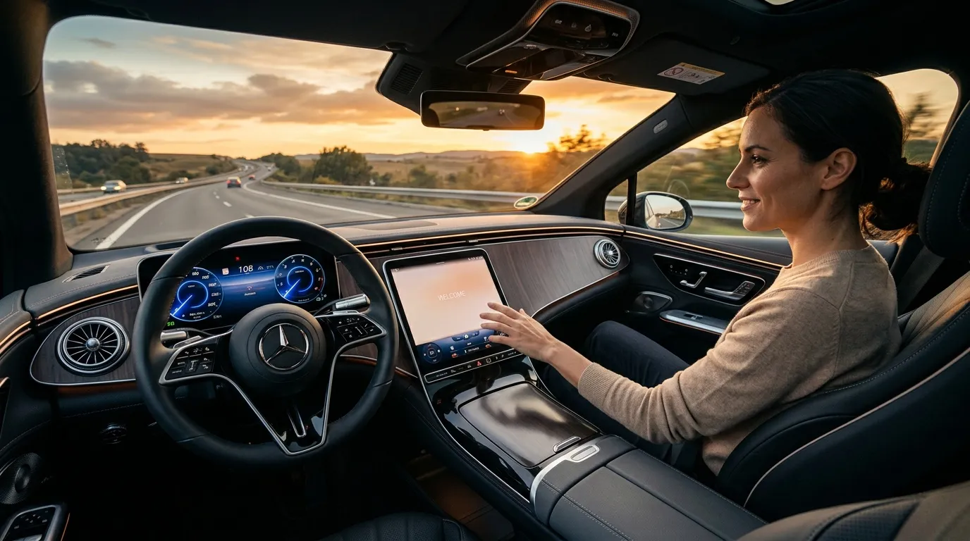 Frau bedient Touchscreen in selbstfahrendem Auto auf Autobahn