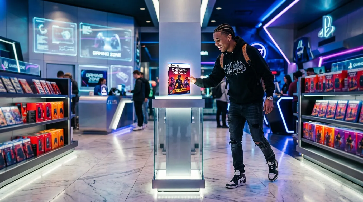Mann präsentiert Chrono Nexus Videospiel im modernen Gaming-Store