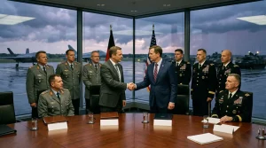 Militärische Delegation beim offiziellen Handschlag am Konferenztisch