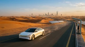 Weißes Elektroauto fährt auf Wüstenstraße mit Skyline im Hintergrund