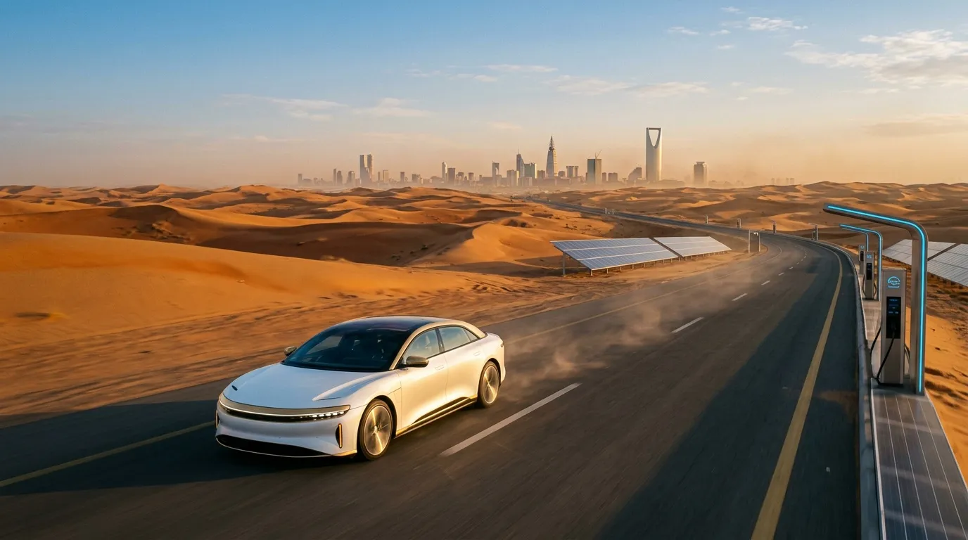 Weißes Elektroauto fährt auf Wüstenstraße mit Skyline im Hintergrund