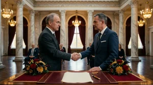Zwei Männer schütteln sich die Hand vor offiziellem Dokument.