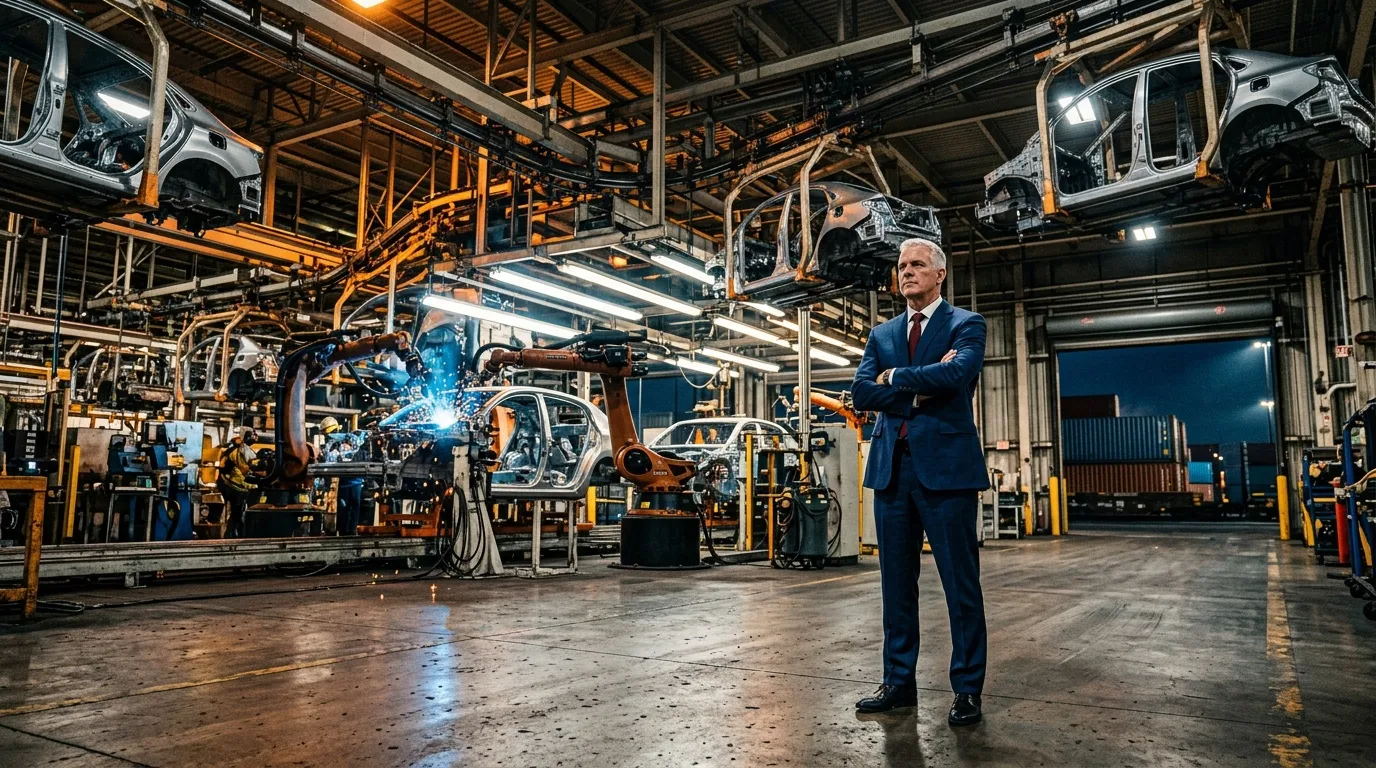 Geschäftsmann steht in Automobilfabrik mit Robotern und Fließband