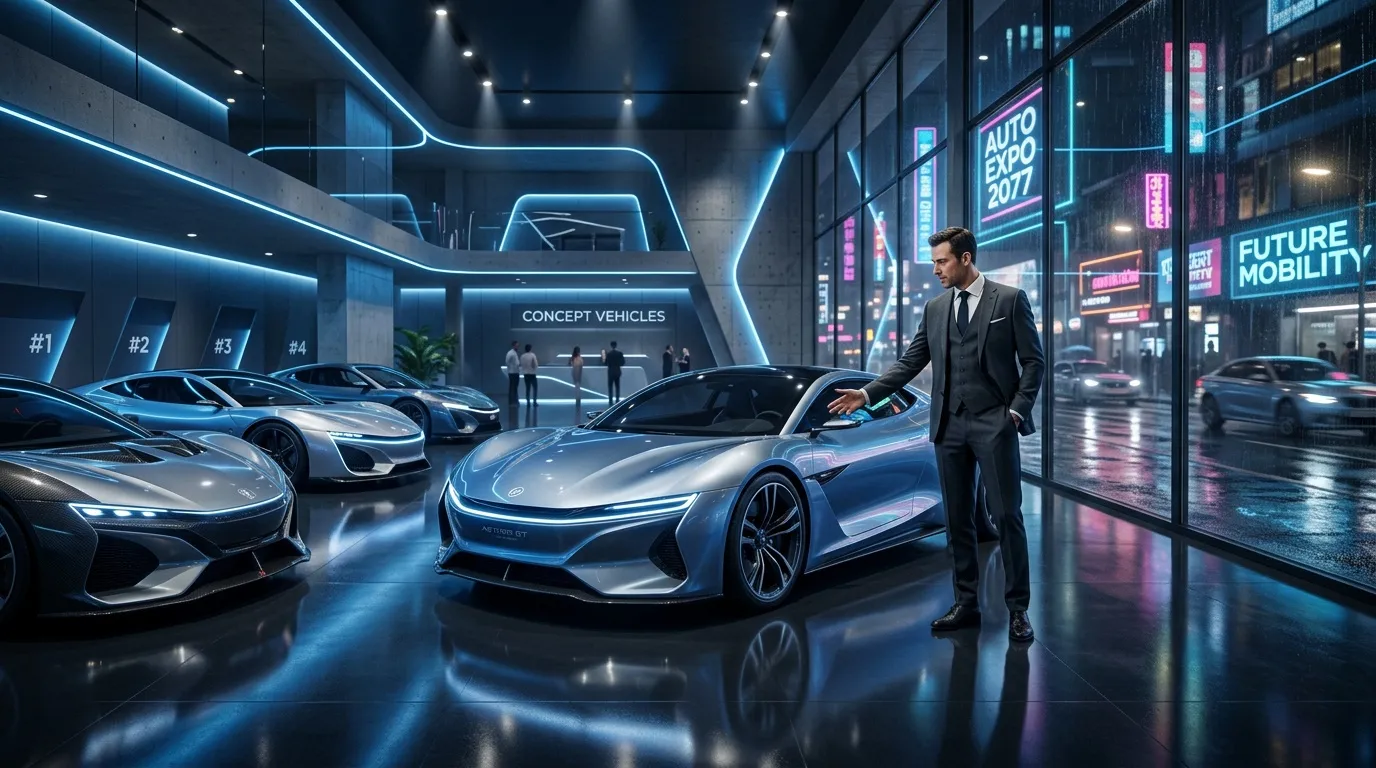 Mann in Anzug besichtigt moderne Elektroautos in futuristischem Showroom
