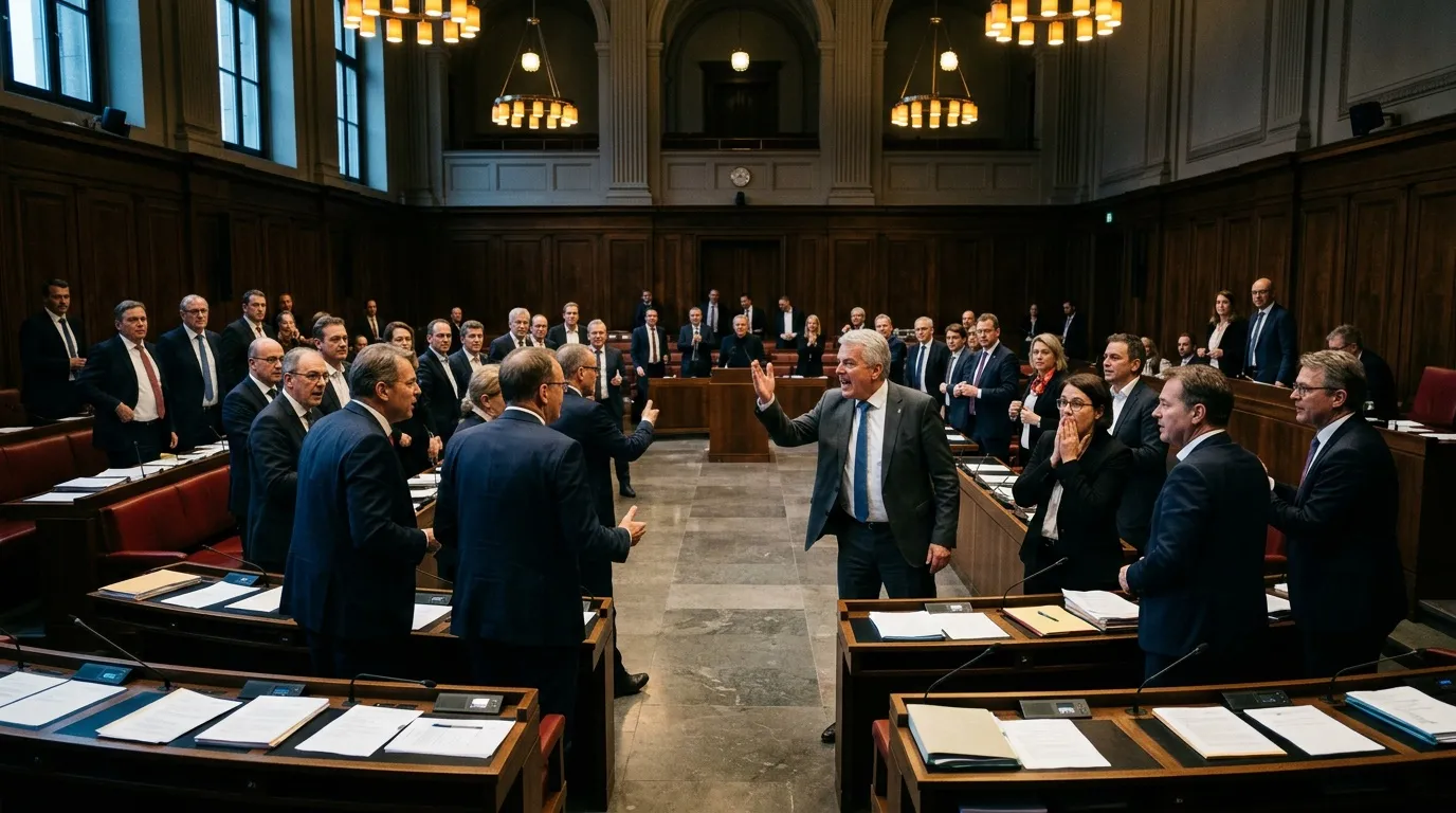 Richter und Anwälte in einem formellen Gerichtssaal während einer Verhandlung.