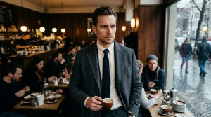Mann im Anzug trinkt Kaffee im belebten Café