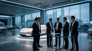 Sechs Geschäftsmänner besprechen sich neben futuristischem Elektroauto