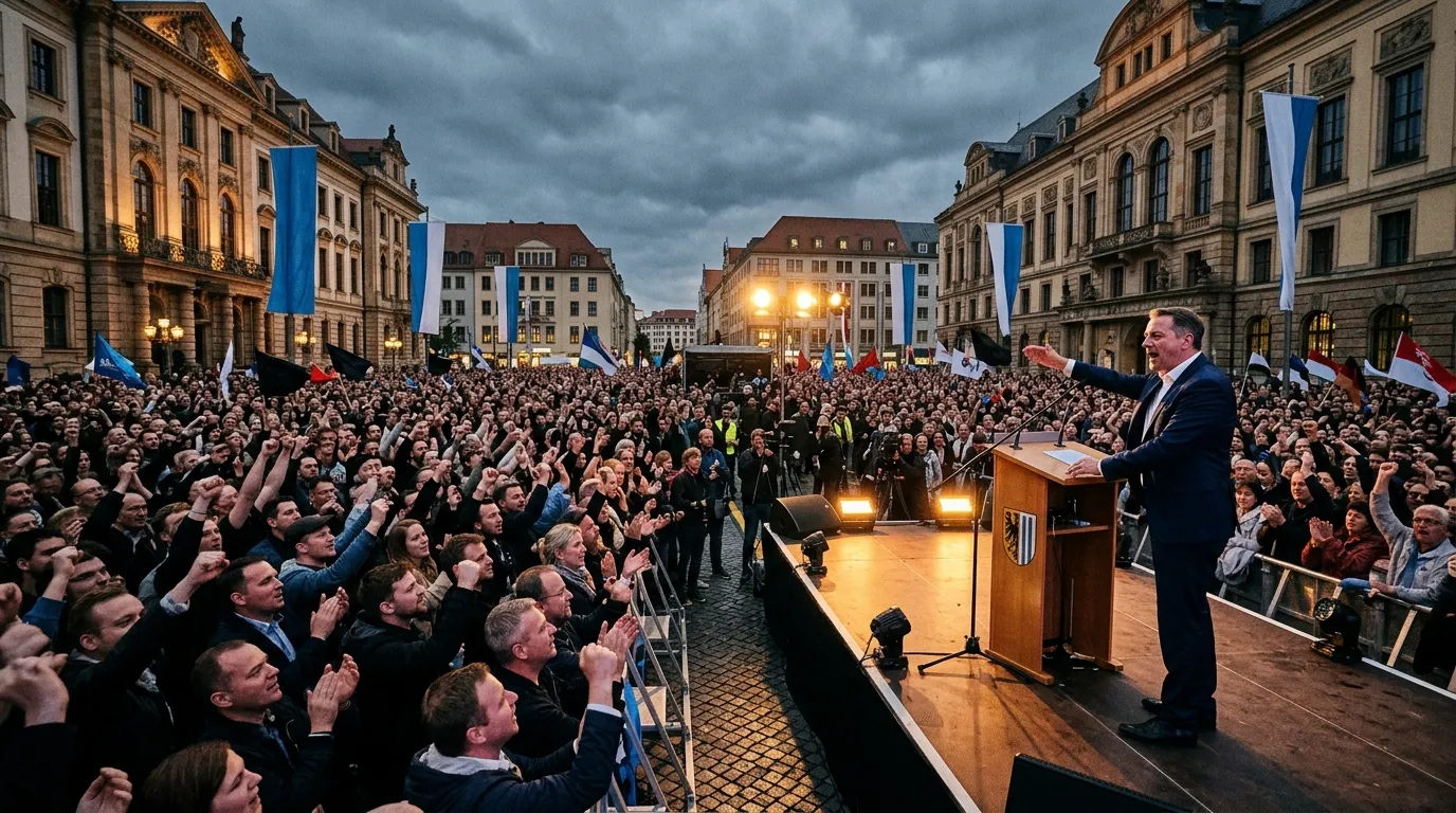 Redner spricht vor großer Menschenmenge auf Platz