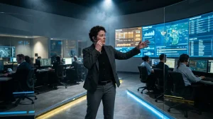 Frau mit Headset in futuristischem Kontrollzentrum mit Monitoren