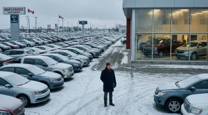 Mann steht auf schneebedecktem Autohändler-Parkplatz mit Fahrzeugen.