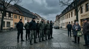 Uniformierte Soldaten stehen auf gepflastertem Marktplatz in historischer Stadt