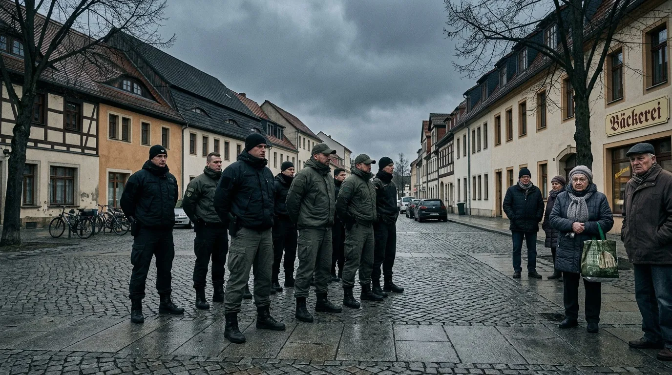 Uniformierte Soldaten stehen auf gepflastertem Marktplatz in historischer Stadt