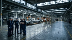 Arbeiter in Fabrik mit Roboterarmen bei Autoproduktion