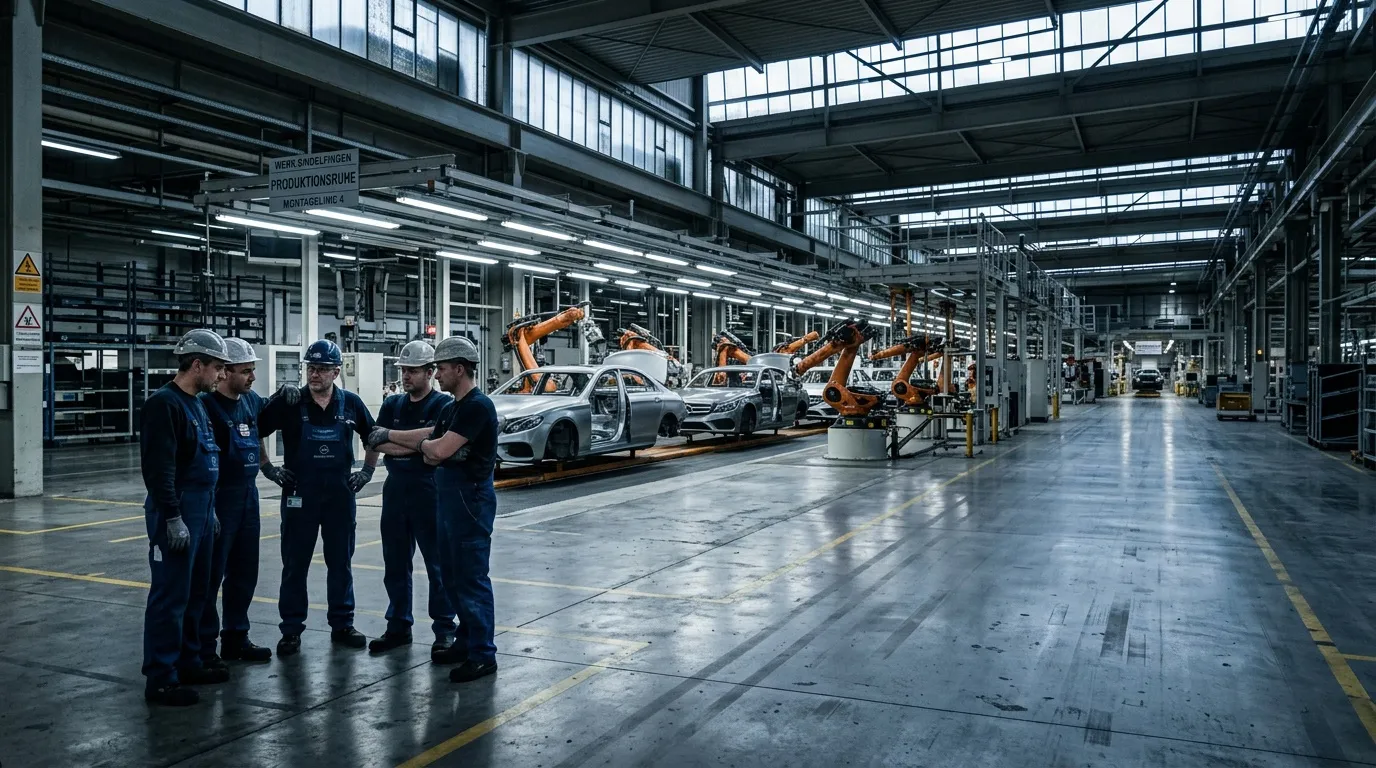 Arbeiter in Fabrik mit Roboterarmen bei Autoproduktion