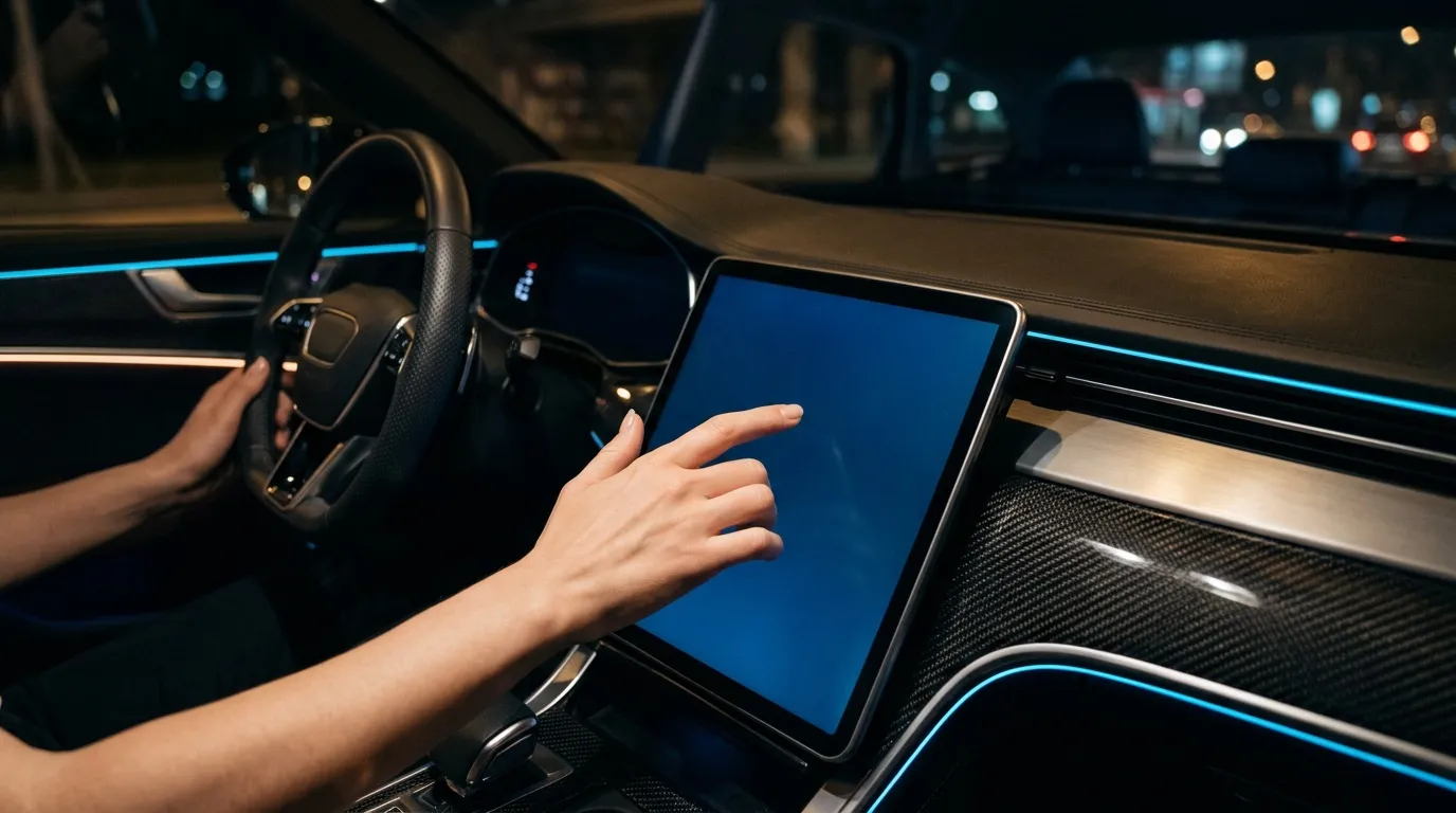 Hand bedient Touchscreen in modernem Fahrzeug nachts