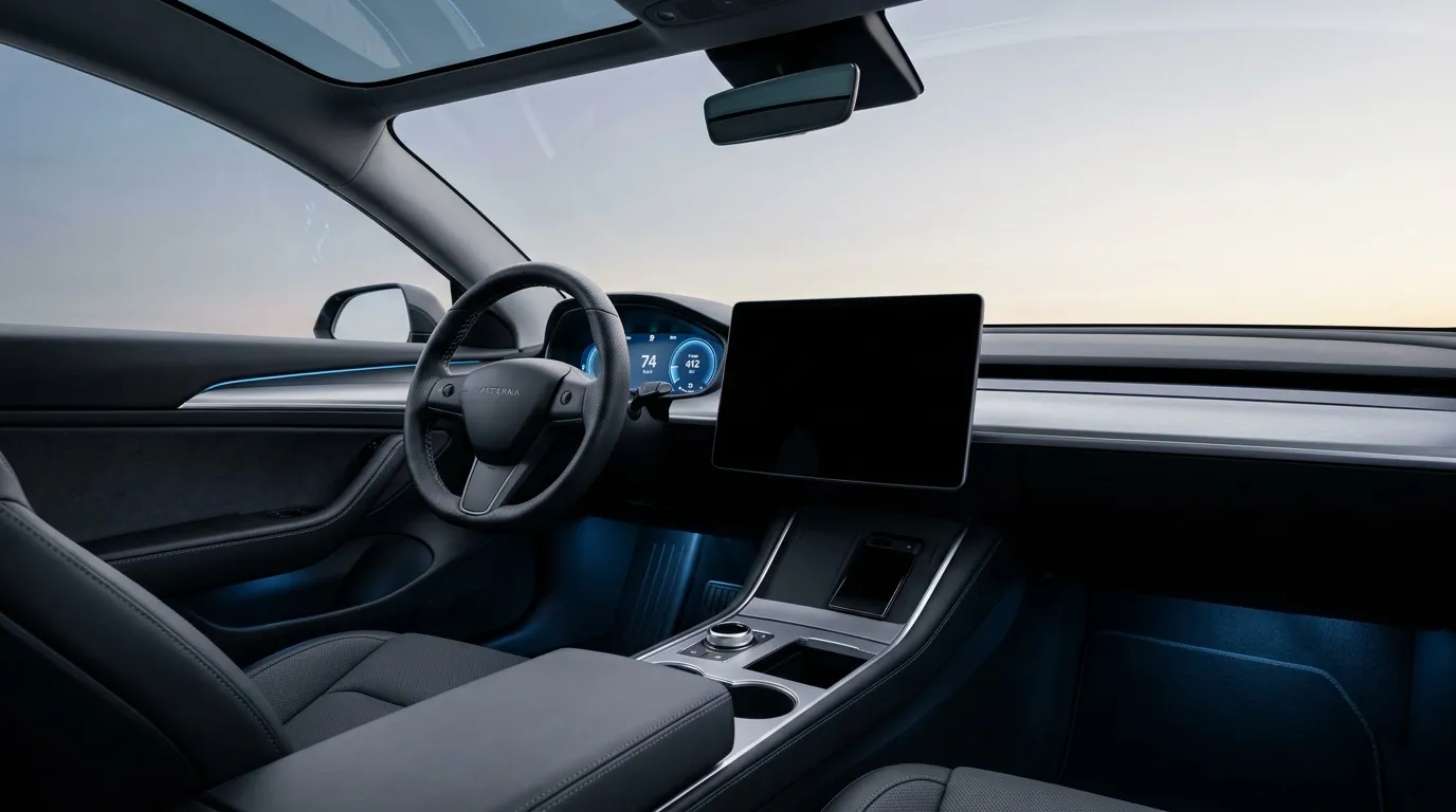 Futuristisches Fahrzeuginneres mit digitalem Lenkrad und Touchscreen