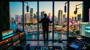 Musikproduzent in Studio mit Stadtaussicht bei Sonnenuntergang