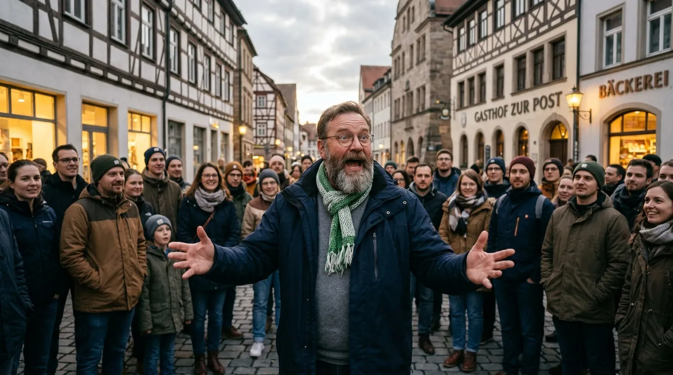 Mann spricht zu Menschenmenge auf historischem Marktplatz