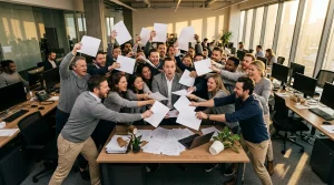 Großes Team hält Blätter in die Luft und jubelt im Büro.