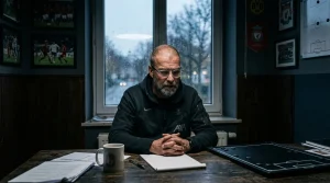 Mann mit Brille sitzt am Schreibtisch mit Taktiktafel