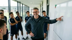 Trainer erklärt Taktik vor aufmerksamer Spielergruppe