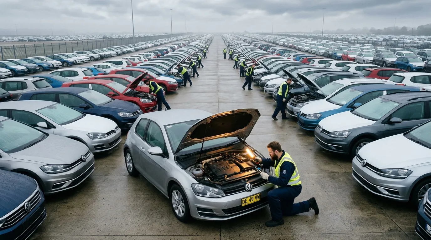 Techniker inspizieren Volkswagen-Fahrzeuge auf riesigem Parkplatz