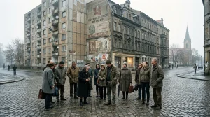 Gruppe von Menschen steht auf Platz vor Ostberlin Wohnblock