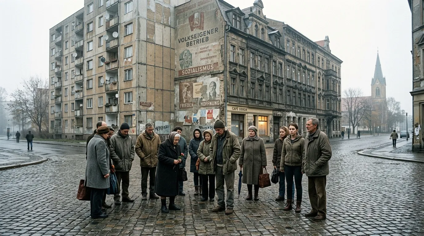 Gruppe von Menschen steht auf Platz vor Ostberlin Wohnblock