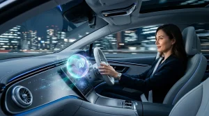 Frau steuert futuristisches Auto mit holographischem KI-Interface