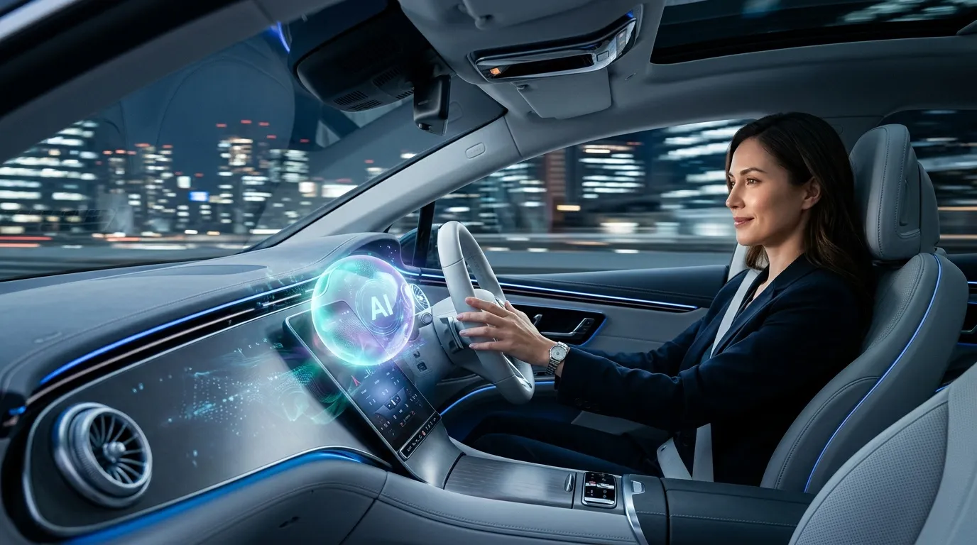Frau steuert futuristisches Auto mit holographischem KI-Interface
