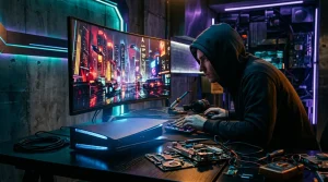 Hacker arbeitet an Computer mit neonbeleuchteter Umgebung und Elektronikkomponenten