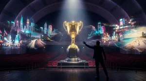 Silhouette vor goldenem Pokal in futuristischer Arena