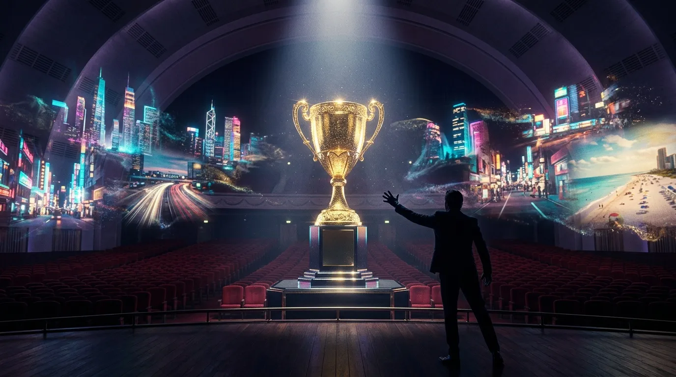 Silhouette vor goldenem Pokal in futuristischer Arena