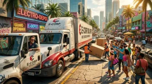 Lieferwagen E-Corp mit Fahrer auf belebter Stadtstraße Miami