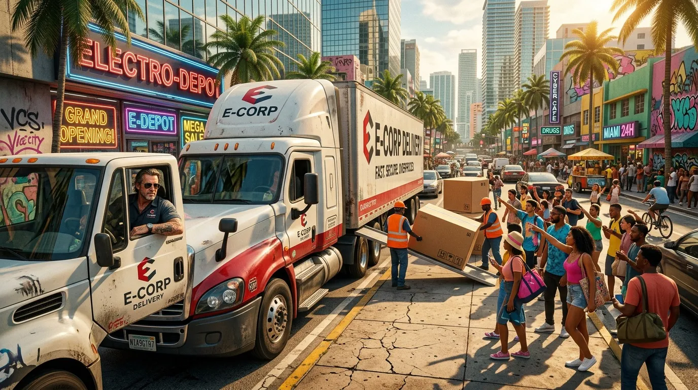 Lieferwagen E-Corp mit Fahrer auf belebter Stadtstraße Miami